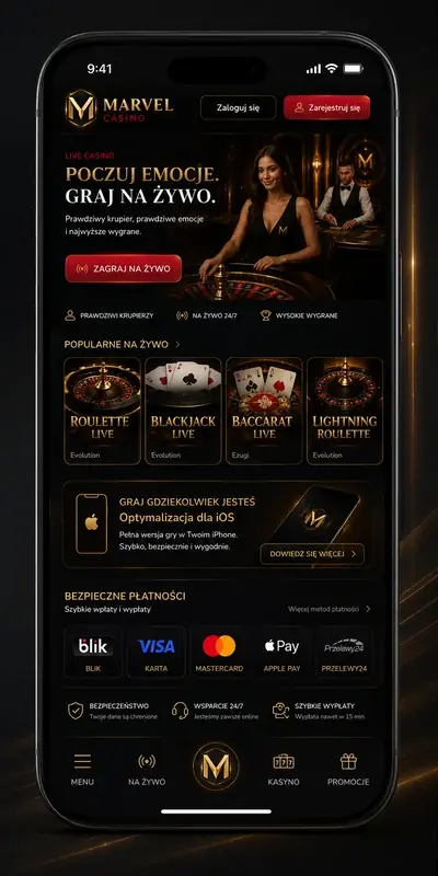 Marvel Casino mobilny interfejs z lobby, slotami i live casino