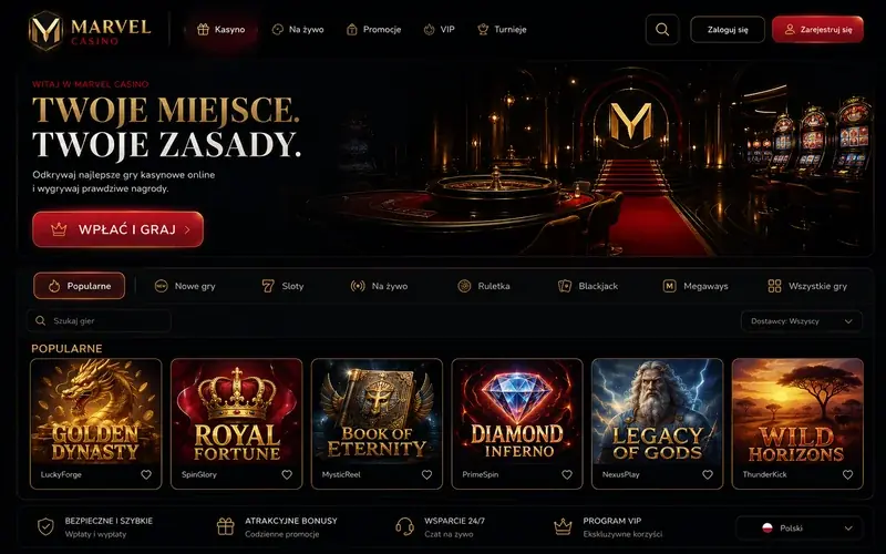 Marvel Casino lobby online z kategoriami gier i popularnymi slotami