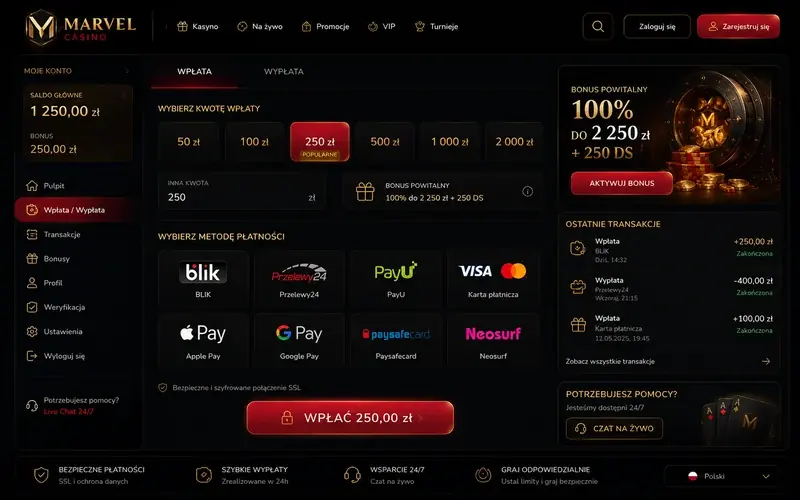 Marvel Casino panel wpłaty z metodami płatności i transakcjami